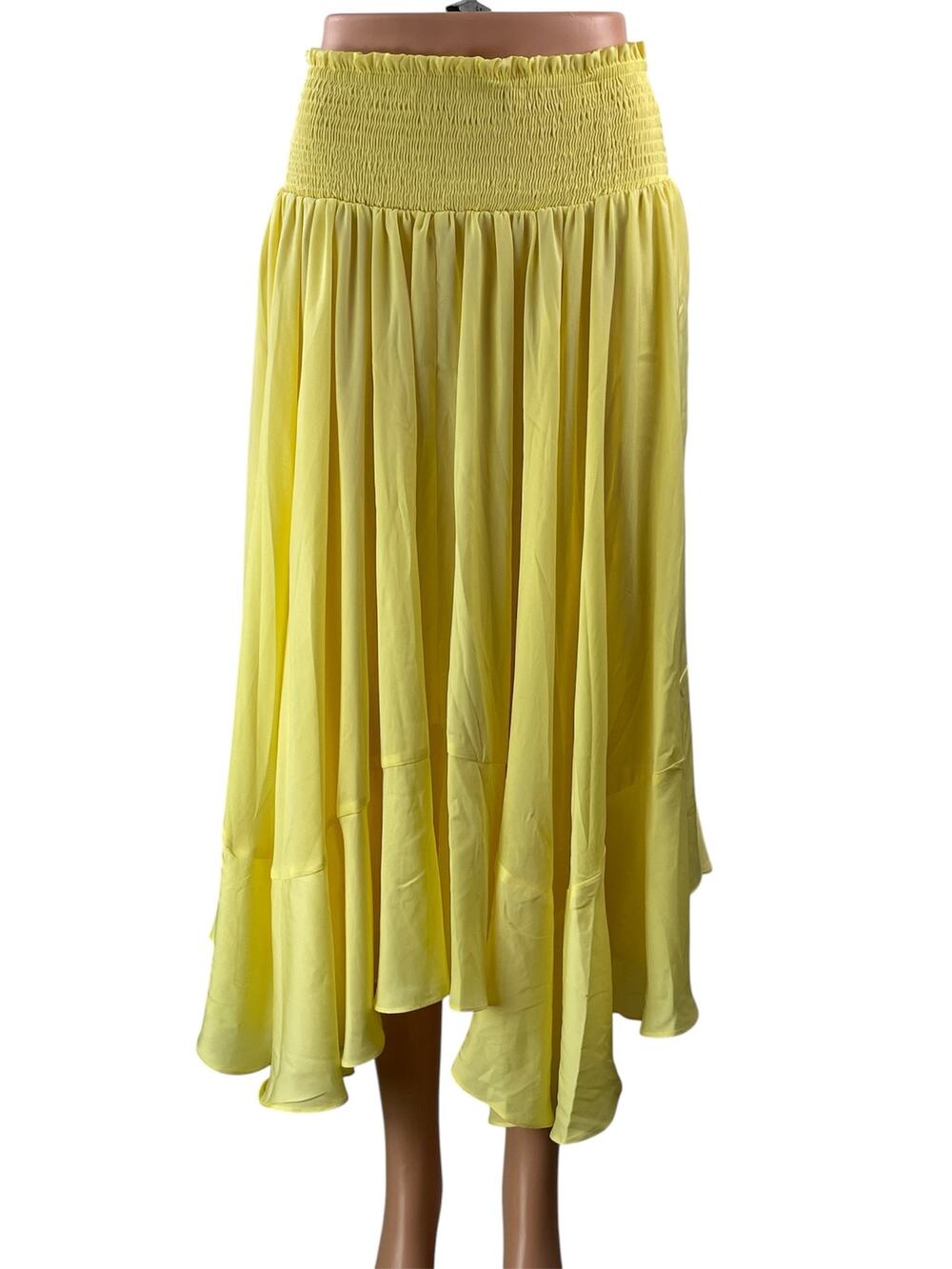 Anthropologie Women's Yellow Smocked Asymmetrical Handkerchief Hem Midi Skirt S